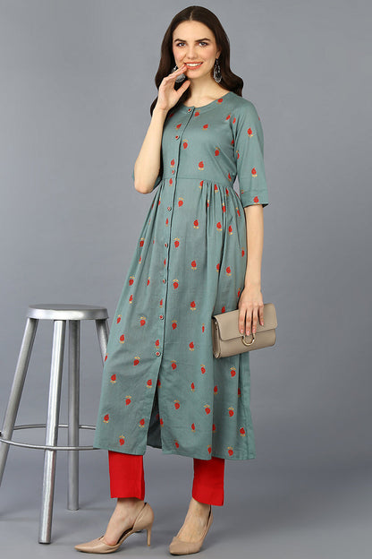Women's Cotton Green Ethnic Motif Printed Flared Kurta