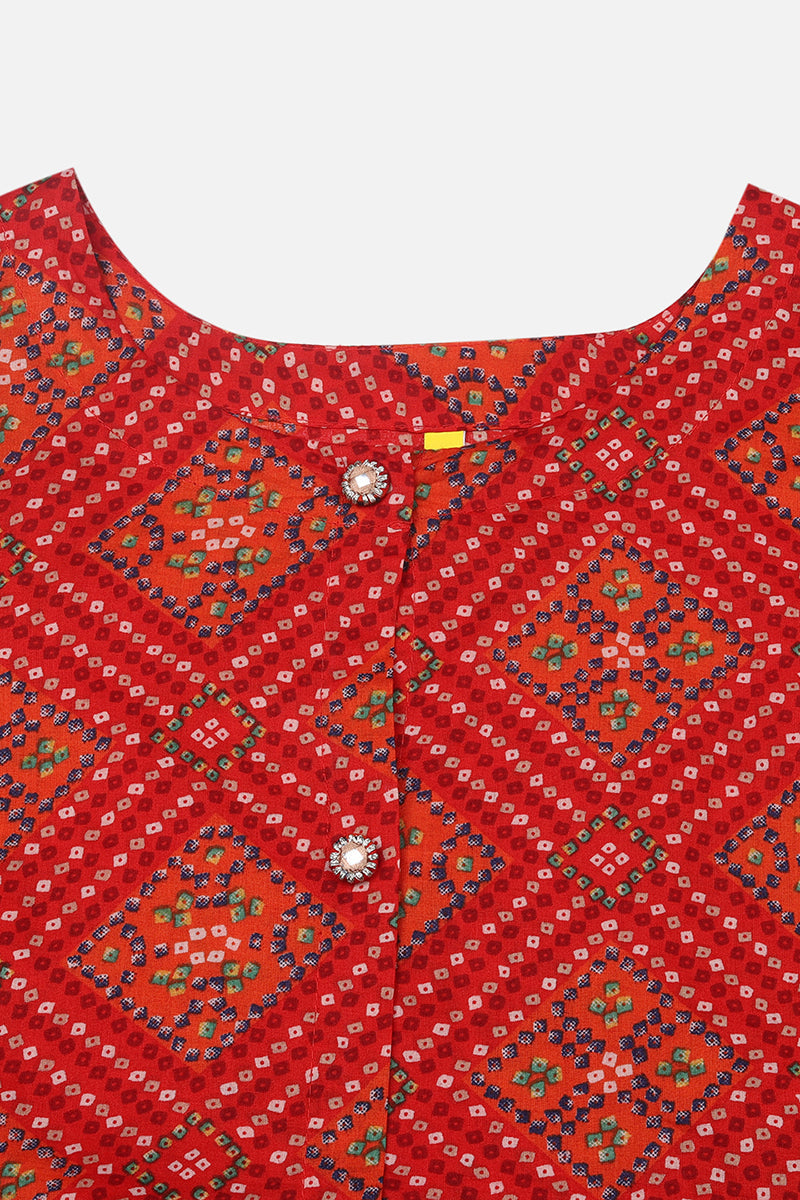 Women's Cotton Red Bandhani Printed Flared Kurta