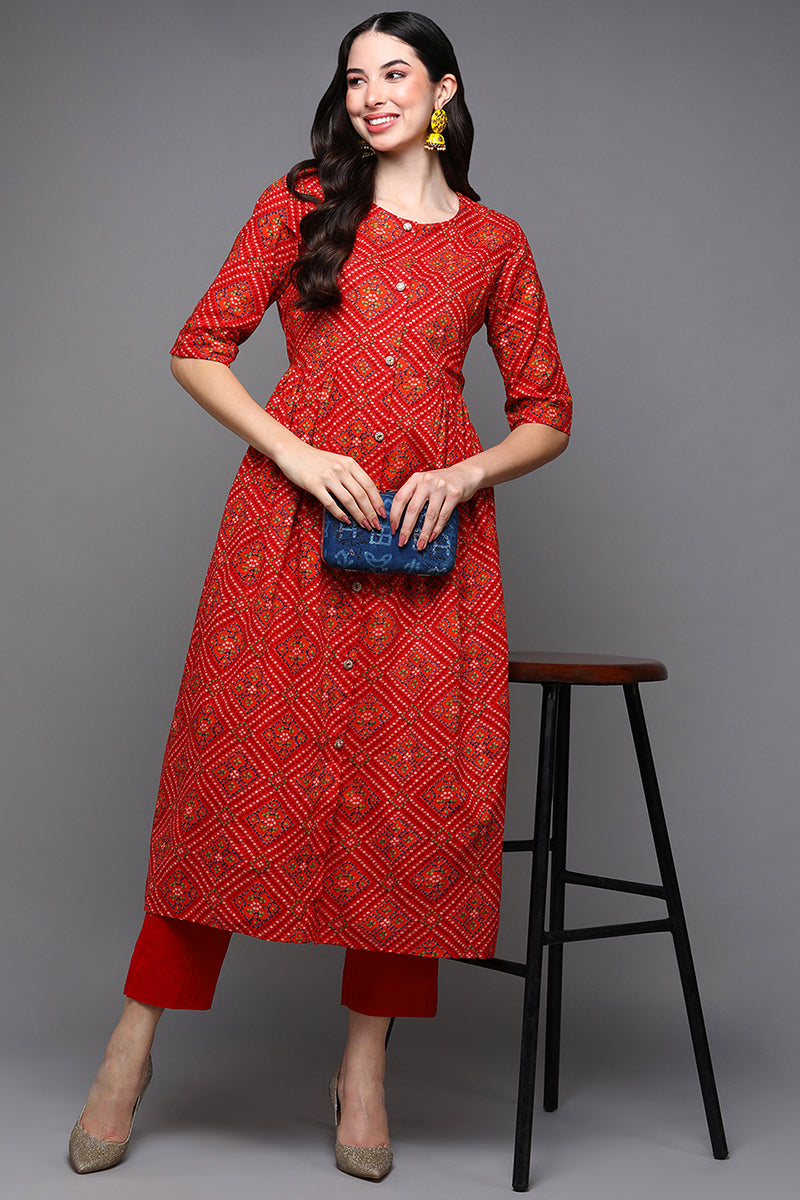 Women's Cotton Red Bandhani Printed Flared Kurta