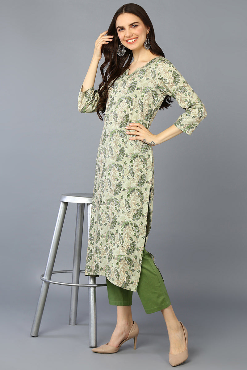Women's Viscose Rayon Pista Green Floral Printed Regular Fit Kurta