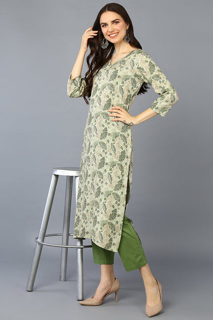 Women's Viscose Rayon Pista Green Floral Printed Regular Fit Kurta
