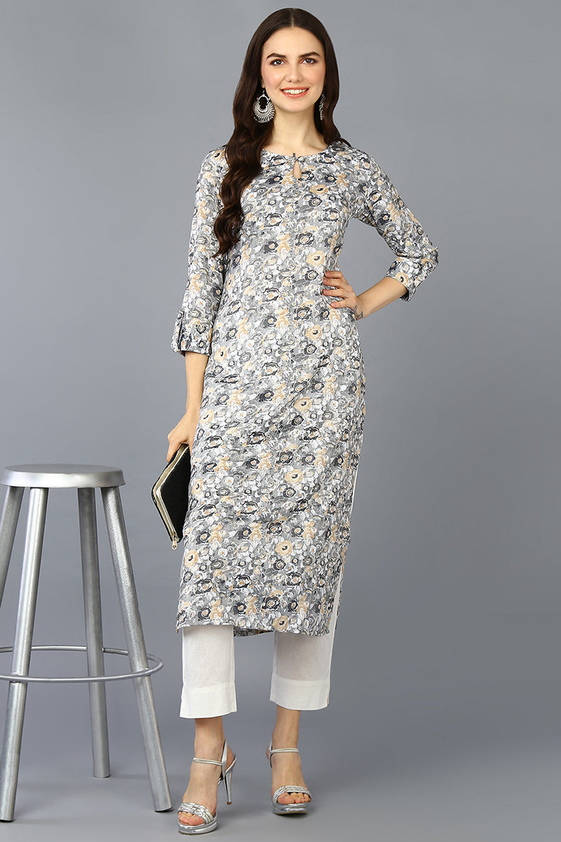 Women's Silk Blend Grey Printed Regular Fit Kurta