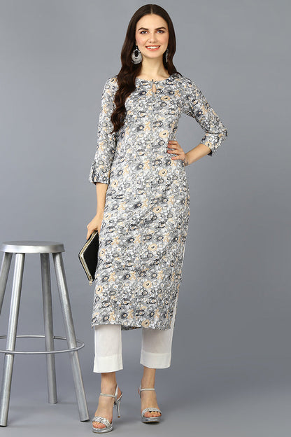 Women's Silk Blend Grey Printed Regular Fit Kurta