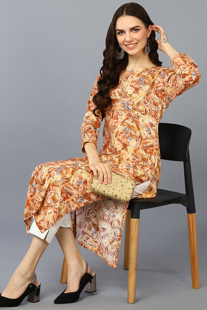 Women's Silk Blend Yellow Printed Regular Fit Kurta