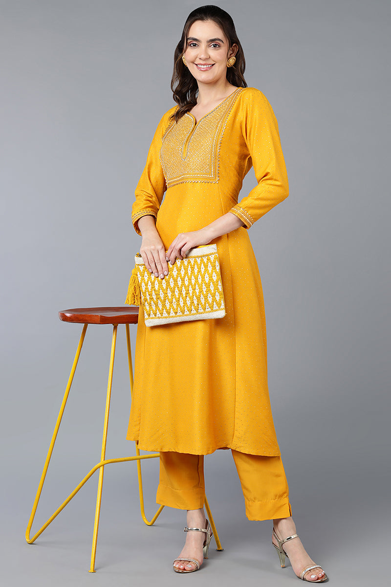 Women's Silk Blend Yellow Embroidered Flared Kurta