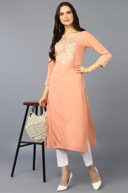 Women's Cotton Blend Peach Embroidered Regular Fit Kurta