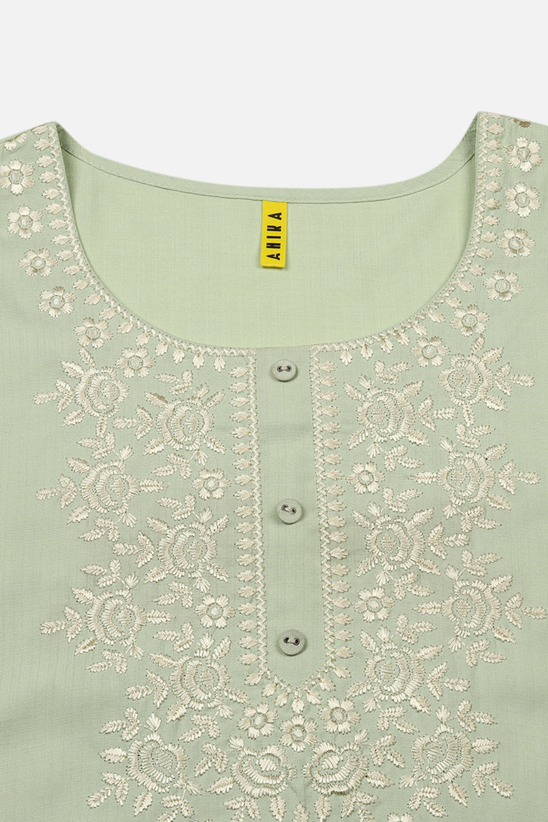 Women's Cotton Blend Lime Green Embroidered Regular Fit Kurta