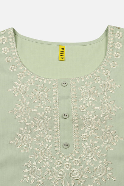 Women's Cotton Blend Lime Green Embroidered Regular Fit Kurta