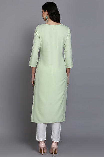 Women's Cotton Blend Lime Green Embroidered Regular Fit Kurta