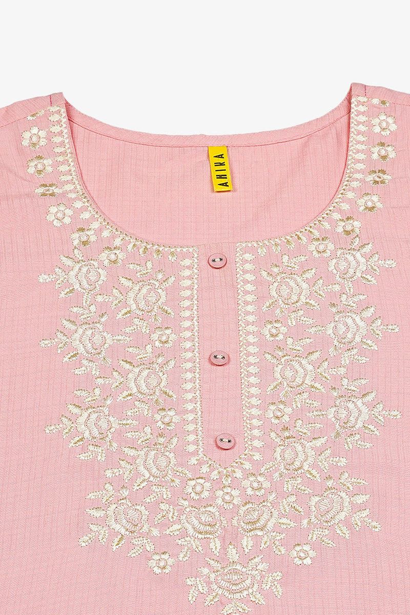 Women's Cotton Blend Pink Embroidered Regular Fit Kurta