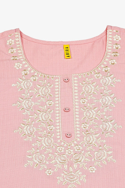 Women's Cotton Blend Pink Embroidered Regular Fit Kurta