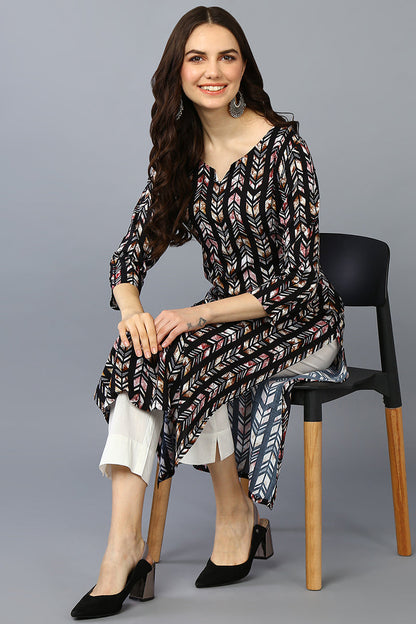 Women's Viscose Rayon Black Printed Regular Fit Kurta