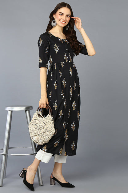 Women's Cotton Black Printed Flared Kurta