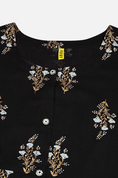 Women's Cotton Black Printed Flared Kurta