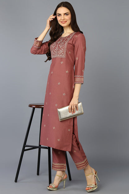 Women's Silk Blend Mauve Embroidered Regular Fit Kurta
