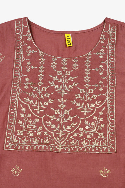 Women's Silk Blend Mauve Embroidered Regular Fit Kurta
