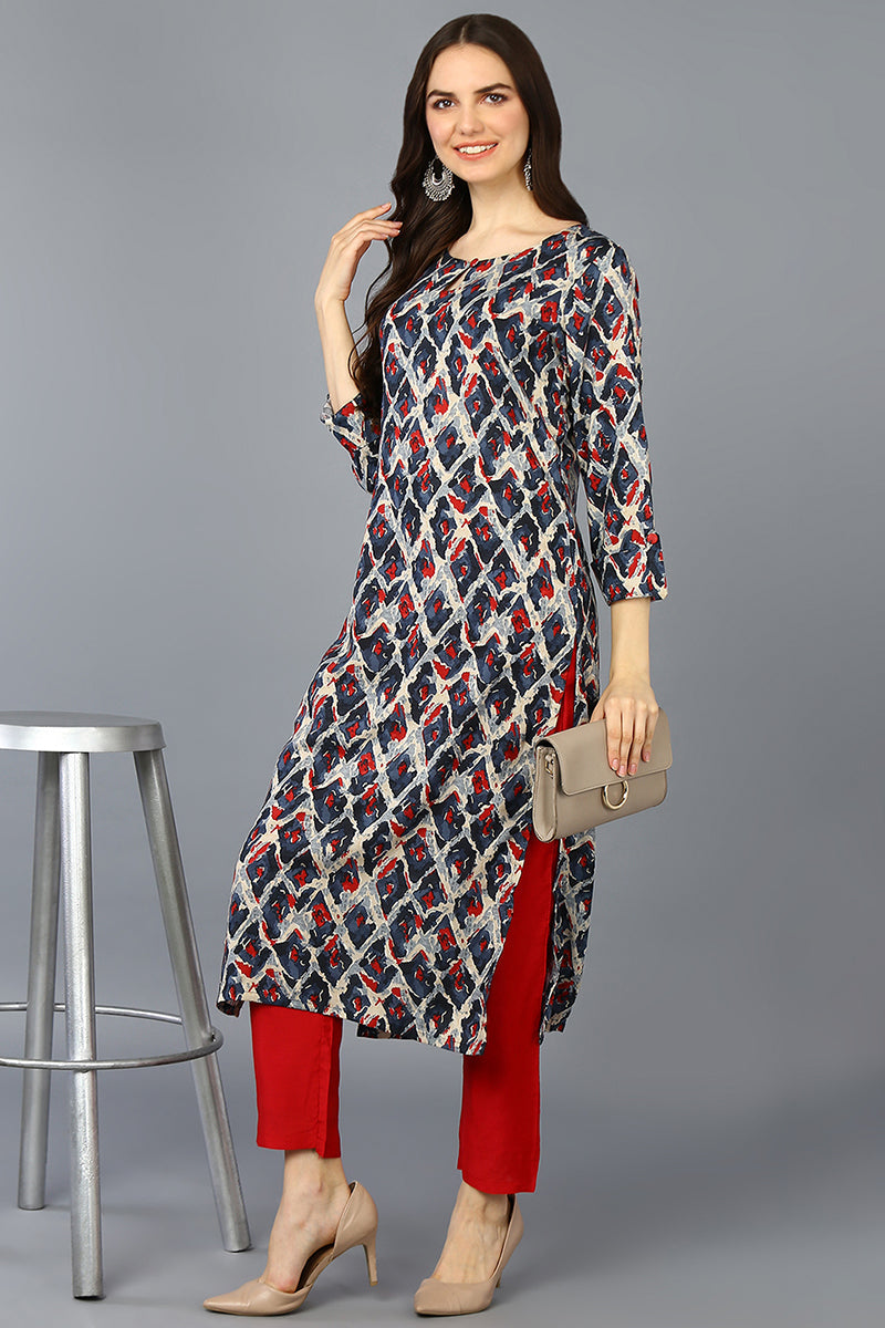 Women's Viscose Rayon Off White Printed Regular Fit Kurta
