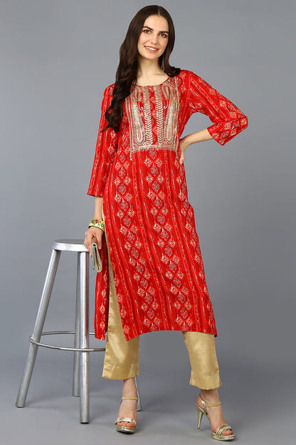 Women's Viscose Rayon Red Embroidered Regular Fit Kurta