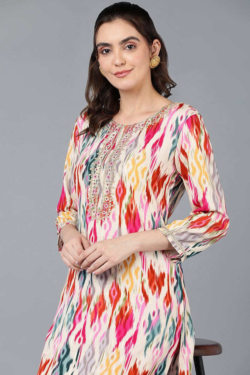 Women's Viscose Rayon Cream Ikat Printed Regular Fit Kurta