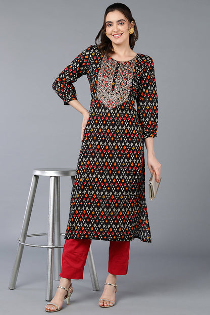 Women's Cotton Black Ikat Printed Regular Fit Kurta