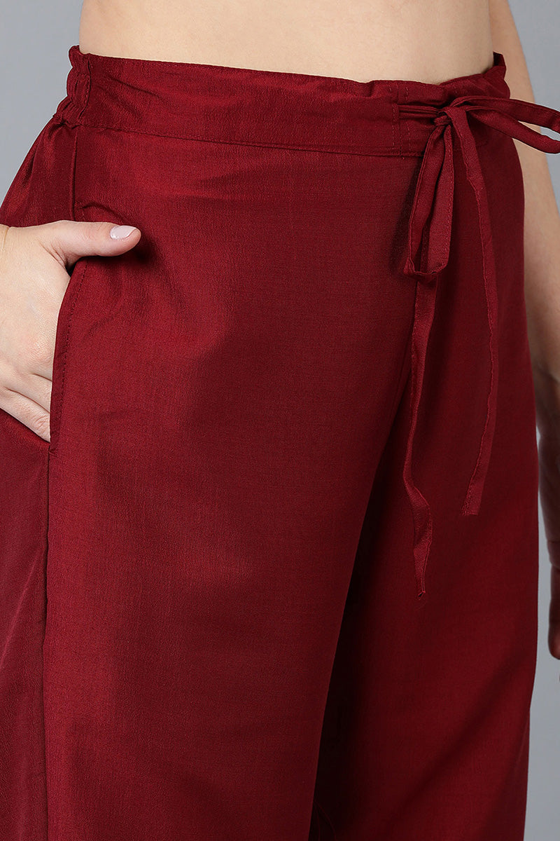 Women's Silk Blend Maroon Embroidered Regular Fit Kurta