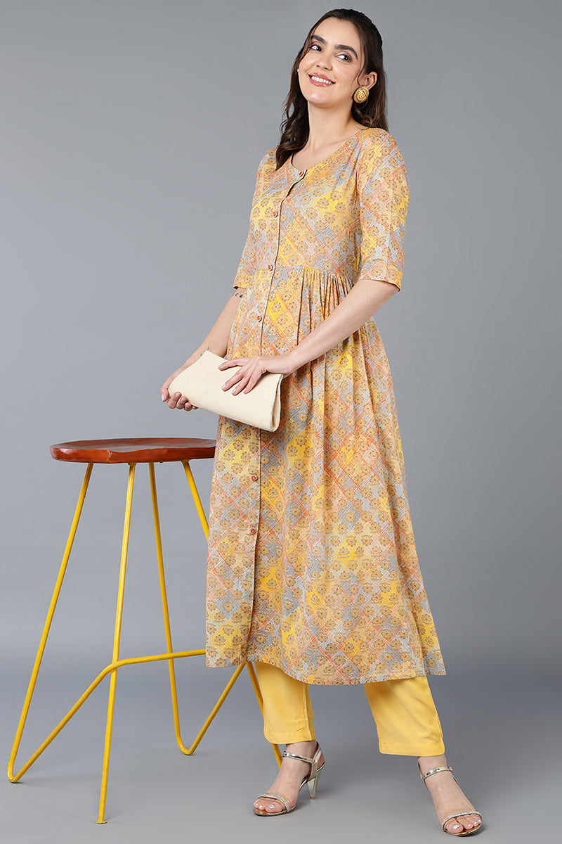 Women's Cotton Yellow Printed Flared Kurta