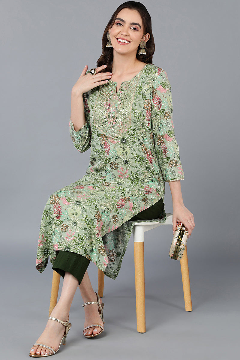 Women's Viscose Rayon Green Printed Regular Fit Kurta