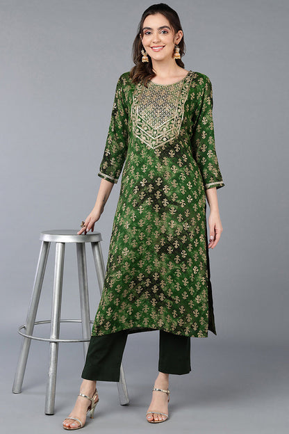 Women's Cotton Blend Green Printed Regular Fit Kurta