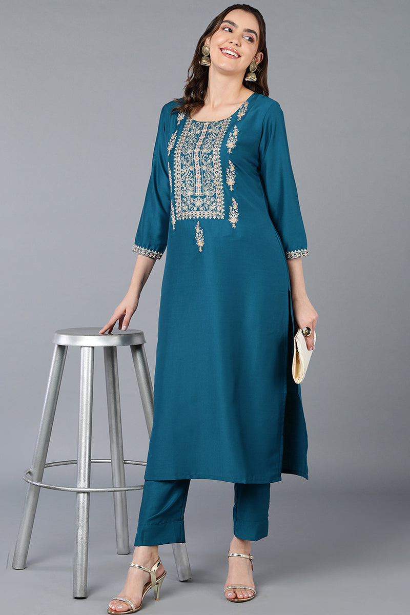 Women's Silk Blend Teal Blue Embroidered Regular Fit Kurta