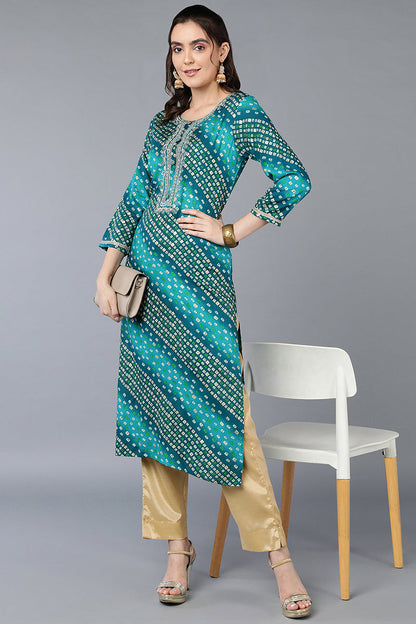 Women's Viscose Rayon Blue Bandhani Printed Regular Fit Kurta