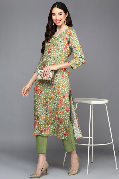 Women's Viscose Rayon Green Ethnic Printed Regular Fit Kurta