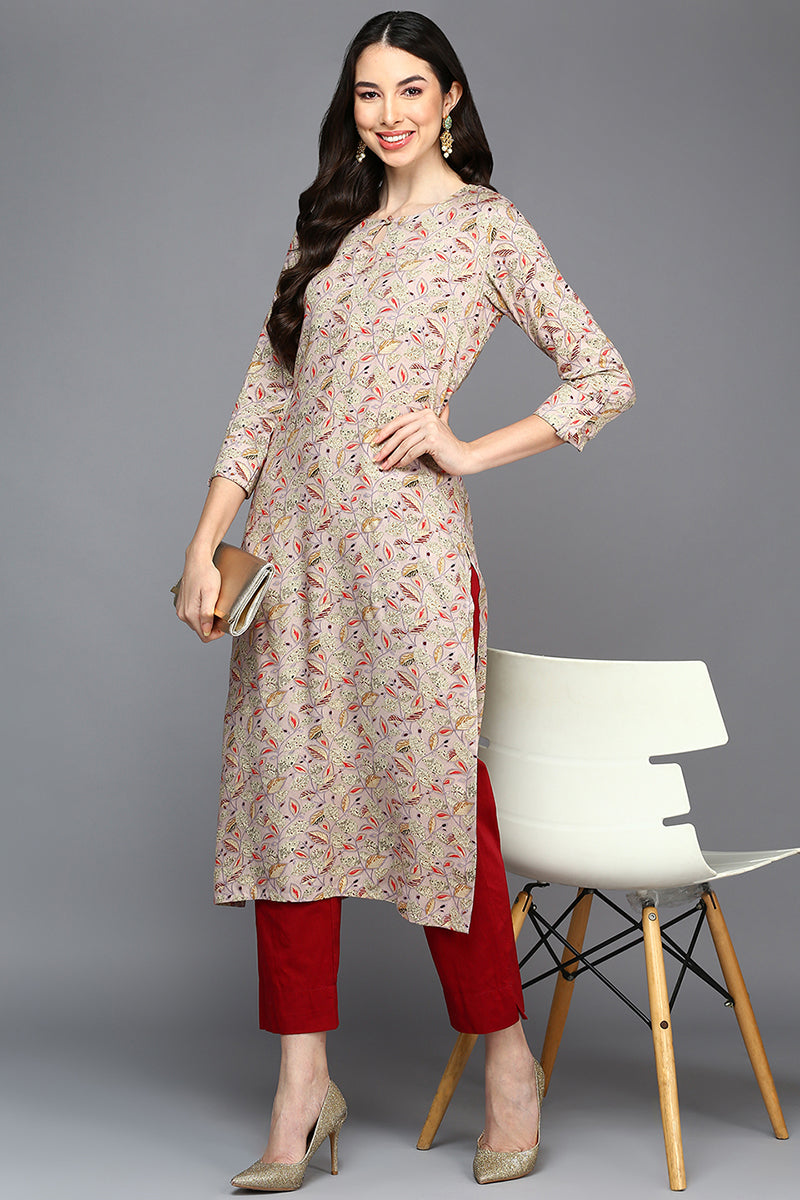 Women's Viscose Rayon Beige Printed Regular Fit Kurta