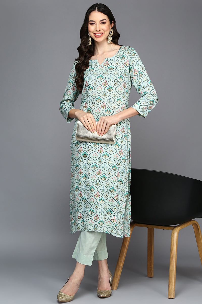 Women's Viscose Rayon Mint Green Printed Regular Fit Kurta