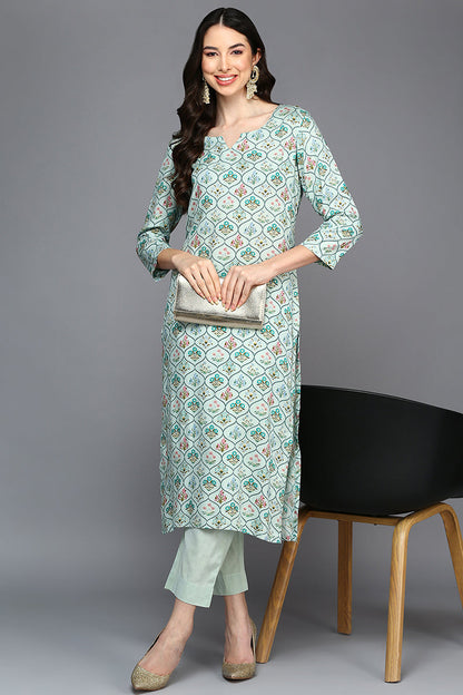 Women's Viscose Rayon Mint Green Printed Regular Fit Kurta