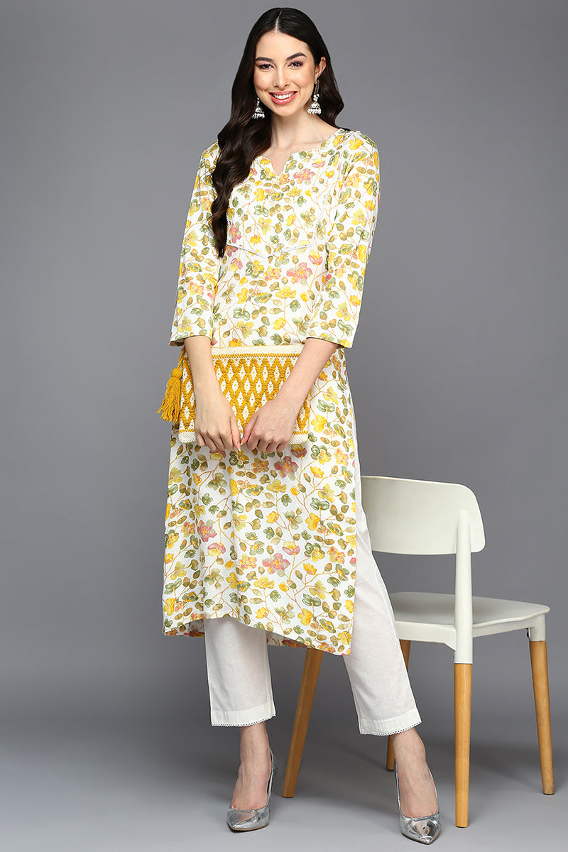 Women's Viscose Rayon White Floral Printed Regular Fit Kurta