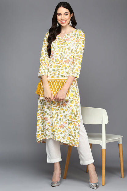 Women's Viscose Rayon White Floral Printed Regular Fit Kurta