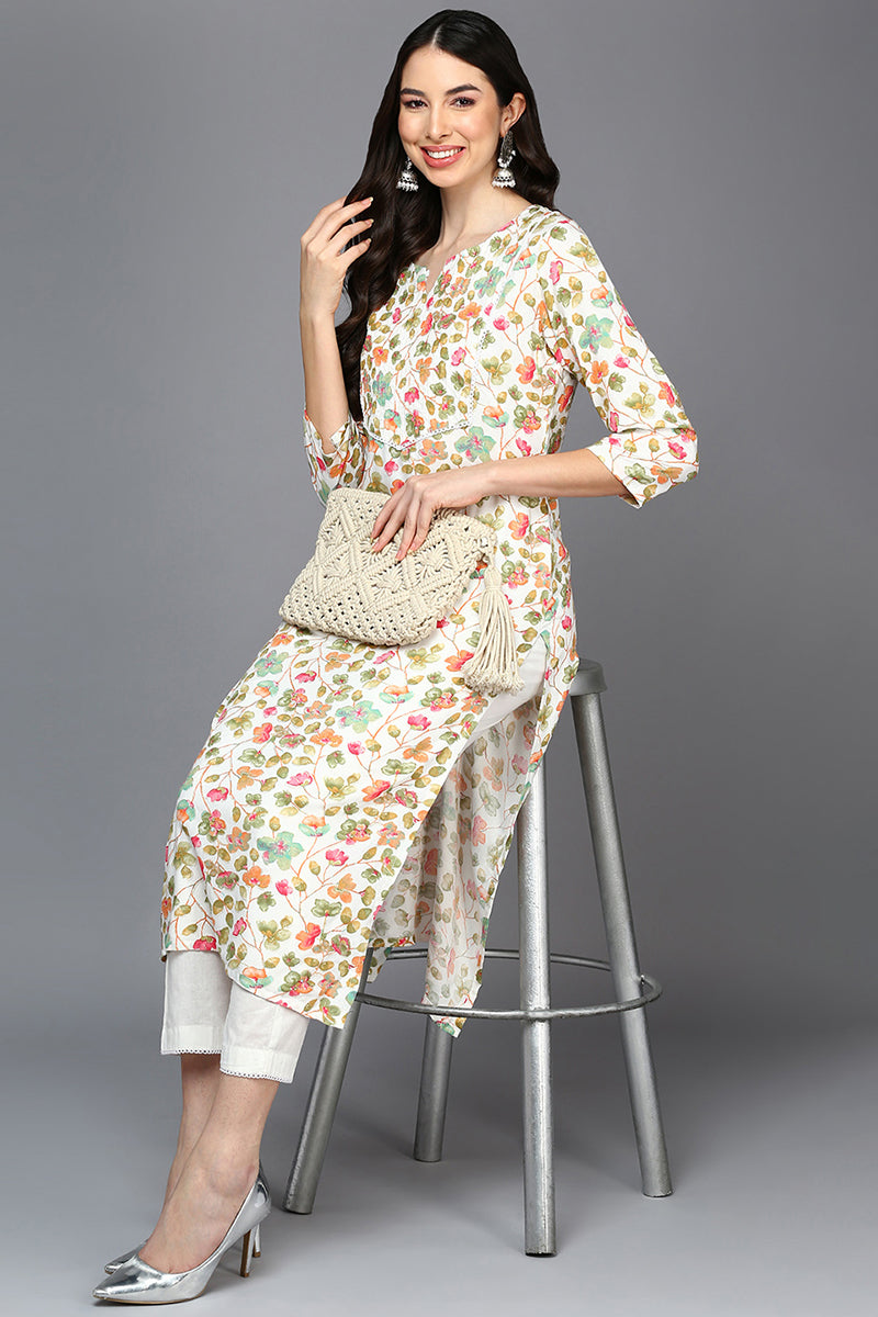 Women's Viscose Rayon White Floral Printed Regular Fit Kurta