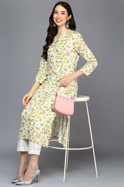Women's Viscose Rayon White Floral Printed Regular Fit Kurta