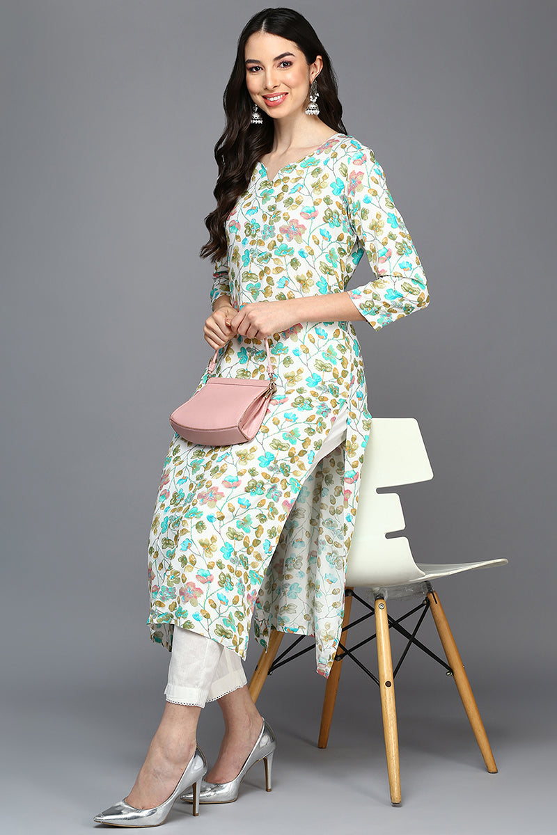 Women's Viscose Rayon Off White Floral Printed Regular Fit Kurta