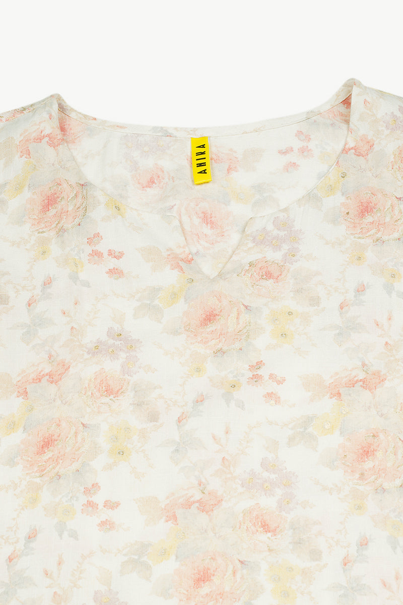Women's Cotton Blend Off White Floral Printed Regular Fit Kurta
