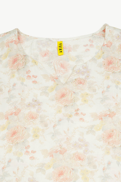 Women's Cotton Blend Off White Floral Printed Regular Fit Kurta