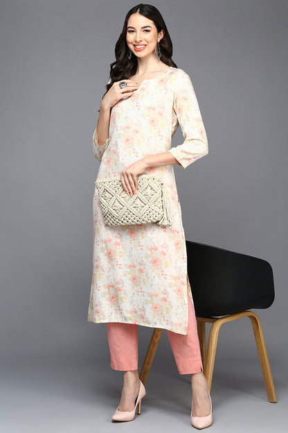 Women's Cotton Blend Off White Floral Printed Regular Fit Kurta