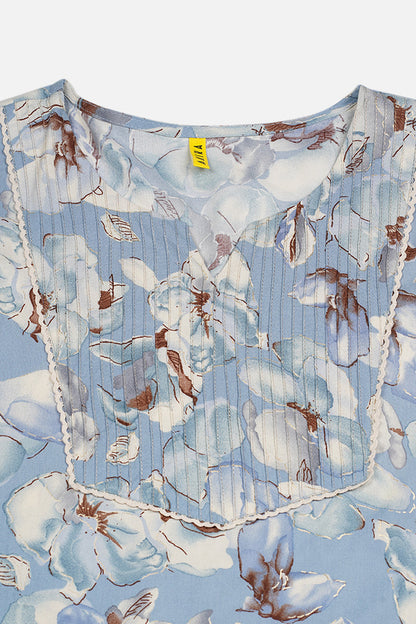 Women's Cotton Blend Blue Floral Printed Kurta