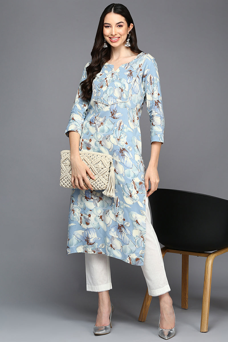Women's Cotton Blend Blue Floral Printed Kurta