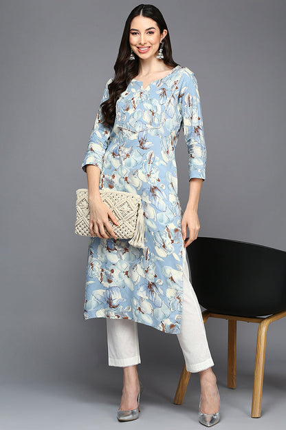 Women's Cotton Blend Blue Floral Printed Kurta