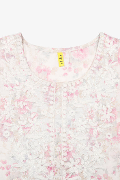 Women's Cotton Blend Off White Floral Printed Regular Fit Kurta