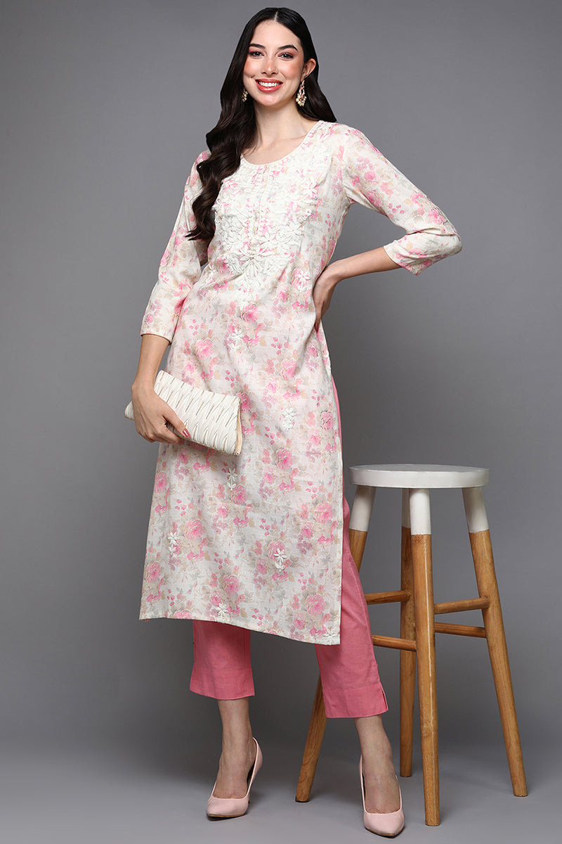 Women's Cotton Blend Off White Floral Printed Regular Fit Kurta