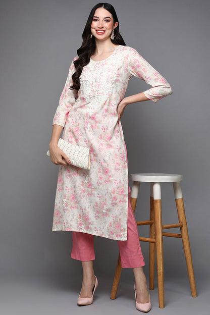 Women's Cotton Blend Off White Floral Printed Regular Fit Kurta
