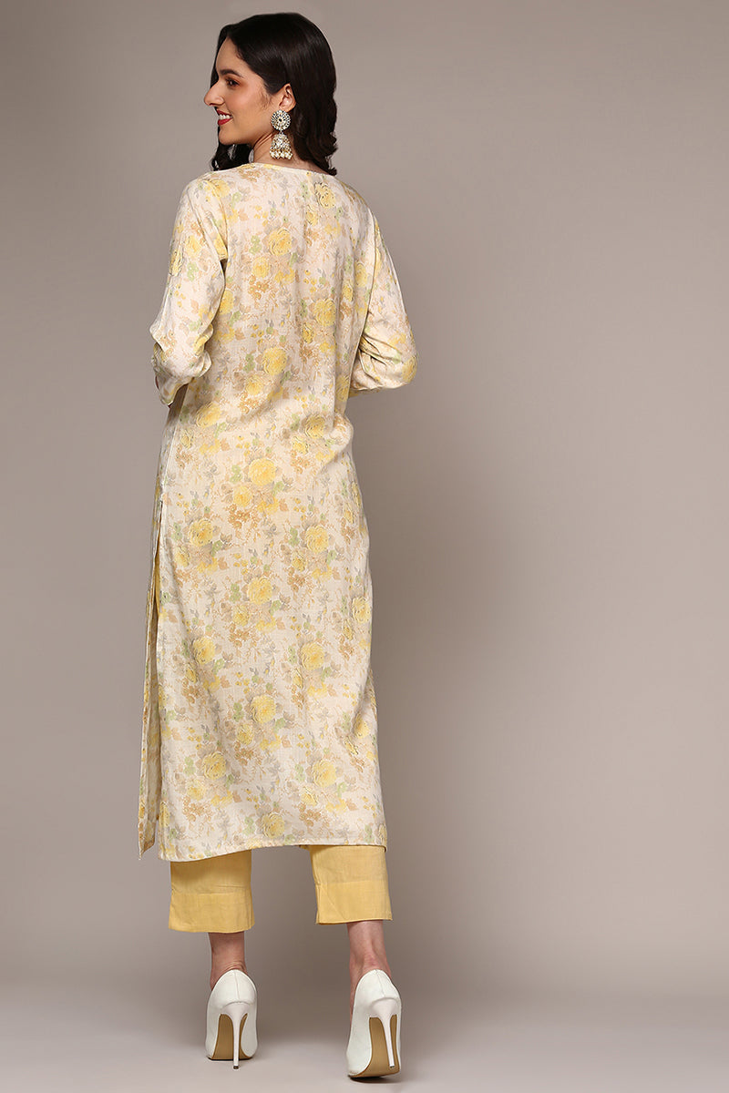 Women's Cotton Blend Off White Floral Printed Regular Fit Kurta