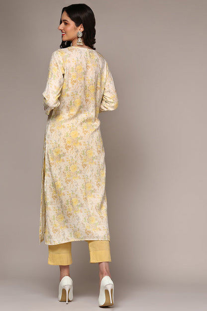 Women's Cotton Blend Off White Floral Printed Regular Fit Kurta
